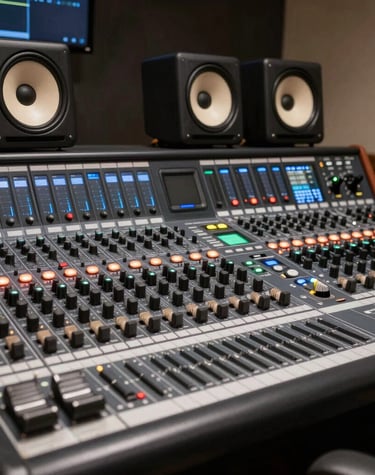 Three individuals are engaged in a filmmaking or video production process inside a studio. One person operates a professional camera mounted on a rig, wearing a mask and cap. Two other people are seated, one intently looking at a laptop, creating an atmosphere of concentration and collaboration.