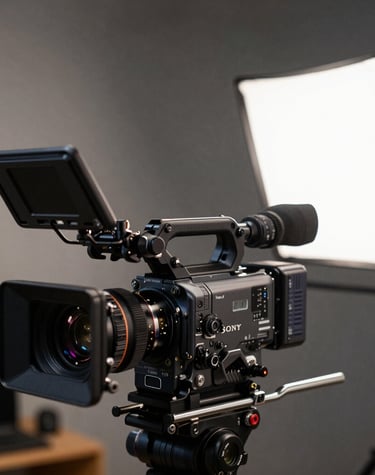 A person holds a professional video camera equipped with a large lens and a RØDE microphone. The person is wearing a black face mask and a dark shirt. The camera has a mounted external monitor. The background features blurred greenery and palm trees, suggesting an outdoor setting.