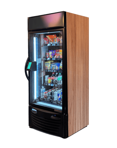 Snack vending machine stocked with chips and bottled drinks