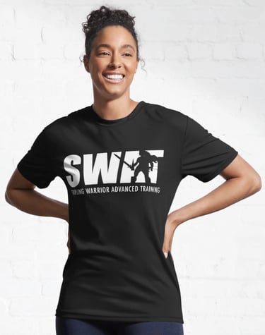 A woman wearing Morgan Madness' SWAT t-shirt design