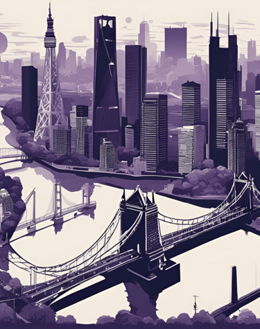 Collage of different cultural elements, a landscape with landmarks from Tokyo, London and Chicago