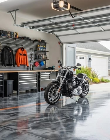 Garage with glossy, silver metallic epoxy floor, black slatwall storage system