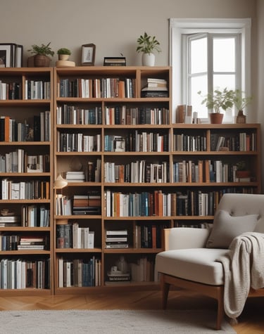 A well-organized room featuring a large white bookshelf filled with books of various sizes and colors. To the left, a white sofa is placed against the wall. A small black side table with red storage boxes sits beside the sofa. The floor is light-colored wood, and the room has a minimalistic and tidy appearance.