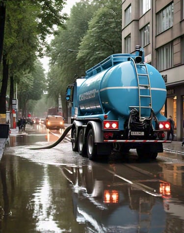a tanker truck with a hose is parked on the street