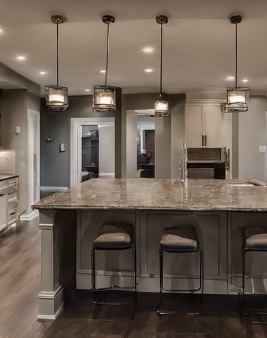 a high end open concept basement kitchen
