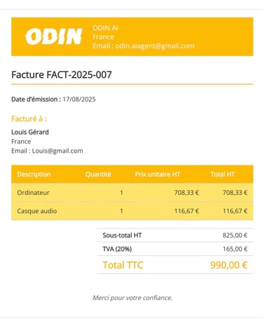 Exemple de facture générée par ODIN AI
