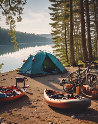 an array of outdoor sporting goods in acampground with a lake in the background