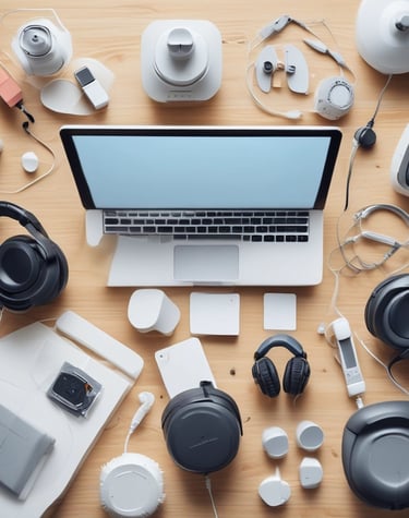 A high-quality wireless headphone set illuminated by soft gold lighting.