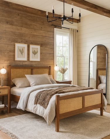 Quarto de casal estilo farmhouse com cama de madeira e painéis de rattan, decoração em tons neutros,