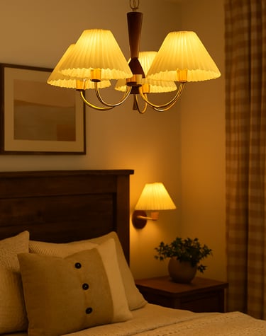 Lustre de teto com cinco cúpulas plissadas em tom creme, emitindo luz amarela suave, suspenso no cen