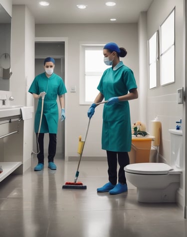 Three individuals engaged in cleaning large glass doors. One person is using a broom or mop to scrub the glass, another is spraying water, and the third person is wearing a hard hat and a safety vest. There are construction materials in the foreground.
