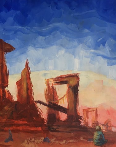 acrylic fantasy art painting of a young boy in a desolate Arizona landscape in terracotta.