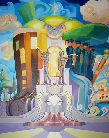 Acrylic painting in the style of constructivism depicting buildings from Barnsley in Yorkshire