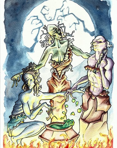 A watercolour illustration in green and blue hues depicting Shakespere's witches around a cauldron