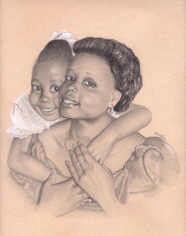 a drawing of a little girl hugging a woman 