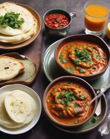 A traditional Indian meal is presented on a table, featuring a bowl of spicy curry garnished with herbs. Accompanying the dish is a plate with two buns, a bowl of chopped onions, and a bag of crispy snacks. A spoon is placed nearby on the tablecloth.