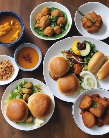 A variety of Indian dishes is arranged on a blue surface, including naan bread, a bowl of curry with paneer, a plate of rice garnished with cilantro and green chilies, several other bowls with different curry or dip, a bottle of bourbon, and two glasses with a dark beverage, each garnished with a lemon slice.