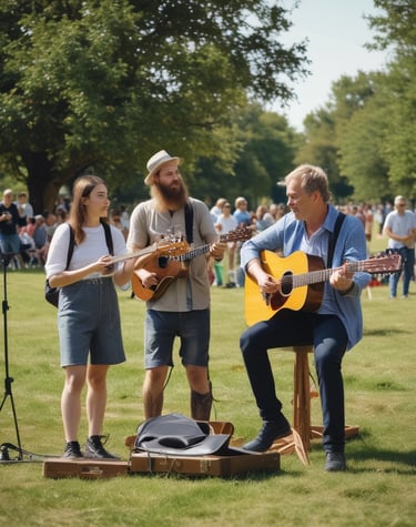A harmonica player seated on a wooden crate, smiling as festival-goers pass by.