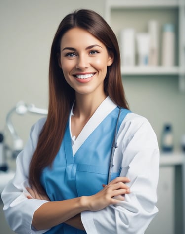 A dentist is performing a procedure on a patient reclining in a dental chair. The dentist is wearing a protective cap, mask, and gloves while using dental tools. The room features modern decor with geometric patterns on the wall, and there is a dental light overhead. Nearby, there is a table with dental instruments and a monitor on the wall.
