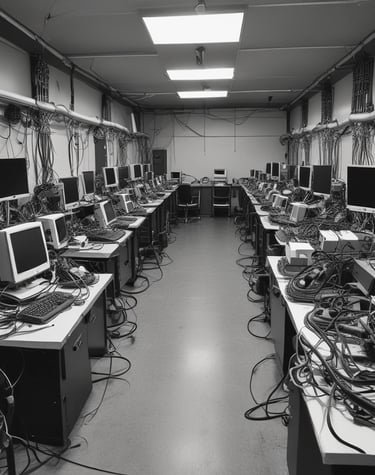 A computer monitor displays a webpage from HelpDesk Heroes, featuring a contact address and email. Social media icons including Facebook, LinkedIn, Twitter, Instagram, and Pinterest are visible. The screen also shows a Trustpilot rating. A stack of cookies is partially visible at the bottom of the image, and part of a keyboard can be seen in the foreground.