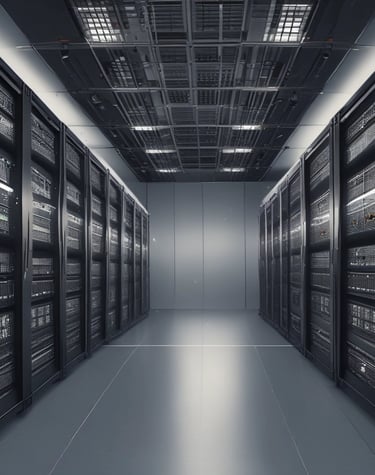 A room filled with sleek black server racks, arranged neatly in rows. The servers are part of a data center with visible structured wiring and ceiling cable trays. Bright overhead lighting illuminates the space, adding to the modern high-tech environment.