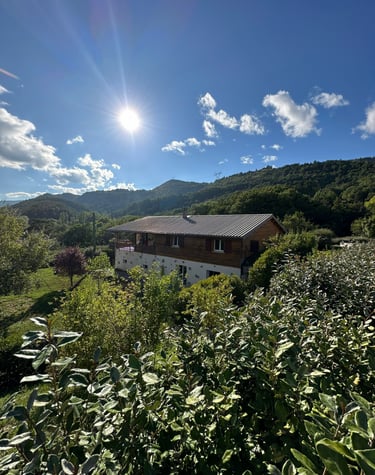 Vue d'ensemble des gites de l'Avance et des montagnes alentour.