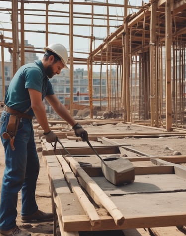 A construction site with workers engaged in building activity. Several large machines are visible, including cranes and excavators. The site appears expansive, with a partly constructed structure in the center. The ground is covered with sand and metal grates, and workers in safety vests are visible in the foreground. A green landscape with trees is visible in the background under a cloudy sky.