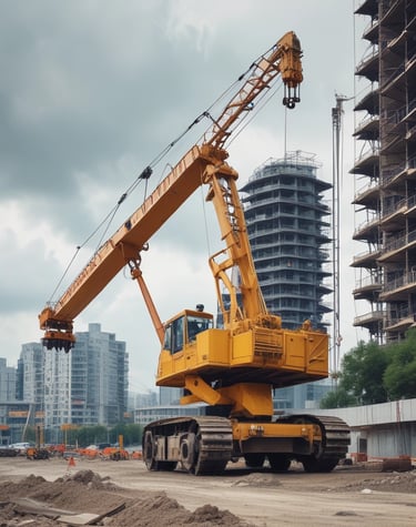 A construction scene by a railroad track with workers in orange uniforms operating machinery. A yellow crane is lifting steel beams beside a pair of tracks extending into the distance. Lush green trees line the side of the tracks, and a partially visible train moves on the right.