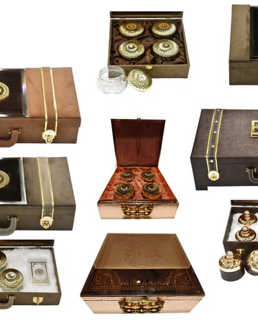 a collection of antique suitcases and other items