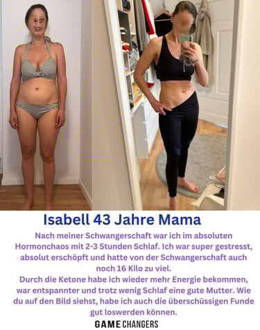 Vorher-Nachher-Foto einer 43-jährigen Mutter, die mit exogenen Ketonen 16 kg abgenommen hat.