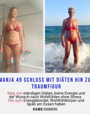 Vorher-Nachher einer 49-Jährigen im roten Bikini – mehr Energie, mehr Wohlbefinden, Traumfigur errei