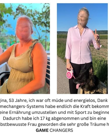 Vorher-Nachher-Foto einer 53-jährigen Frau namens Regina, die mit Hilfe des Gamechangers-Systems 17 