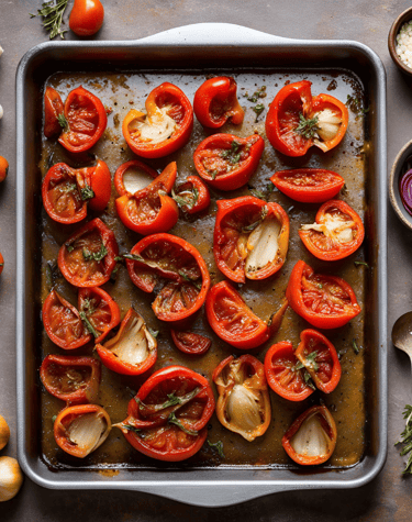 tomatoes and onions on a baking tray