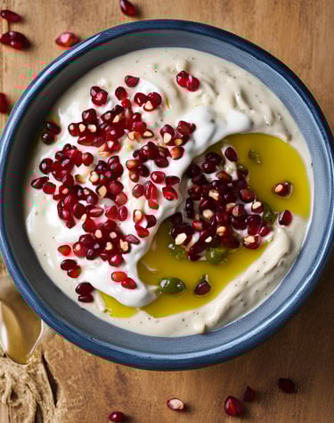 a bowl of mutabbal with pomegranate seeds and olive oil topping