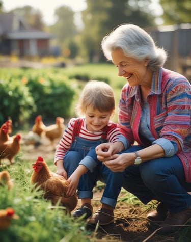 A person with long gray hair, wearing glasses and a dark apron, is crouching next to a small child dressed in a colorful outfit with rainbow-striped leggings. They are surrounded by several chickens in an outdoor setting, with a chicken coop and some metal containers in the background. There's a sense of warmth and care as the adult gently holds the child’s hand.