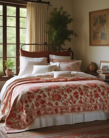 A cozy bedroom featuring soft, layered bedding in neutral tones.