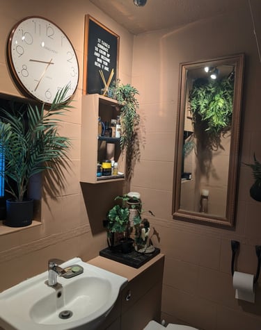 Modern bathroom decor featuring a wall clock, vanity mirror, and lush green indoor plants.