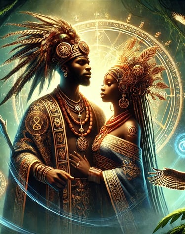 Osun and SANGO - Black God and Goddess in regal African garb beautiful, glowing and in love
