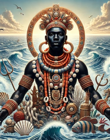 A REGAL BLACK MAN WEARING EFIK CEREMONIAL BEADS ON A SEA BACKDROP. EKPEYONG GUARDIAN OF NSIBIDI