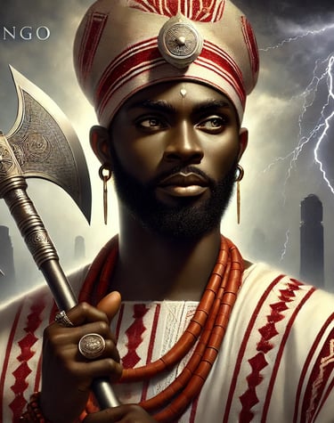 A Regal Black man in fine cream and red embroidered traditional garb, Sango the Orisha of thunder