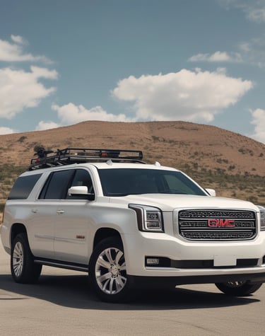 A sleek black luxury sedan parked outside Spokane International Airport under clear skies.
