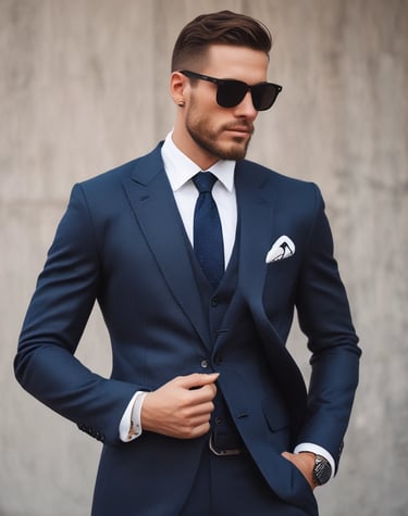A model wearing a slim-fit navy suit with a crisp white shirt, standing casually by a window.