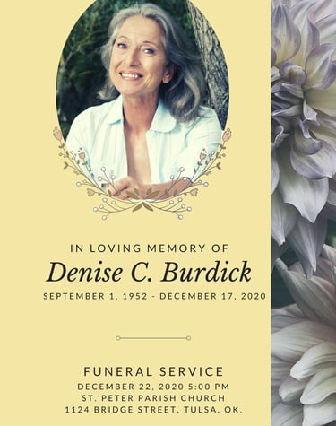 Elegant memorial poster with portrait and funeral service details for Denise C. Burdick.