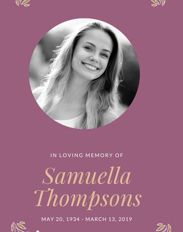 Elegant memorial poster with portrait and remembrance text for Samuella Thompsons.