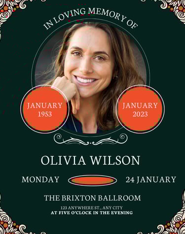 Elegant memorial poster with portrait and service details for Olivia Wilson.