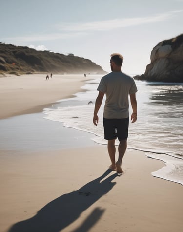 Model wearing a crisp white shirt walking along a beach boardwalk at sunset.