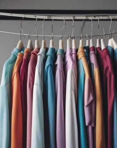 Close-up of a lightweight, patterned polo shirt hanging on a sunlit wooden rack.