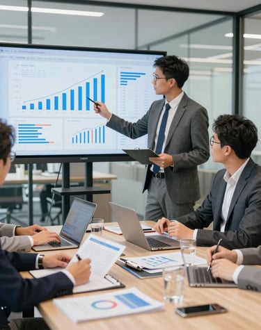 Dynamic shot of professionals analyzing market data with laptops and charts.