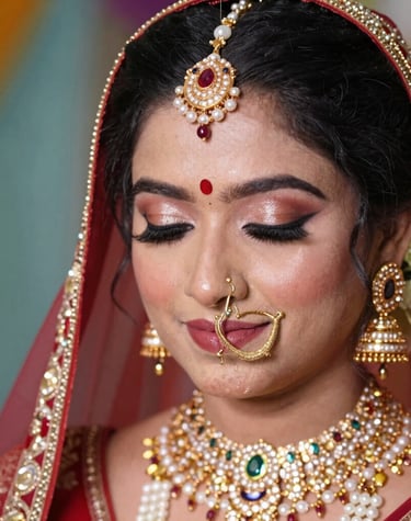 Close-up of a bride with flawless airbrush makeup and elegant hairstyle under soft lighting.