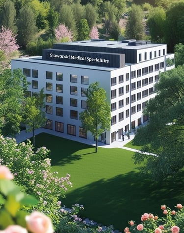 a building with a large building and flowers